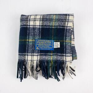 Pendleton Vintage Green Blue Yellow White Plaid Scarf Unisex Men Women One Size